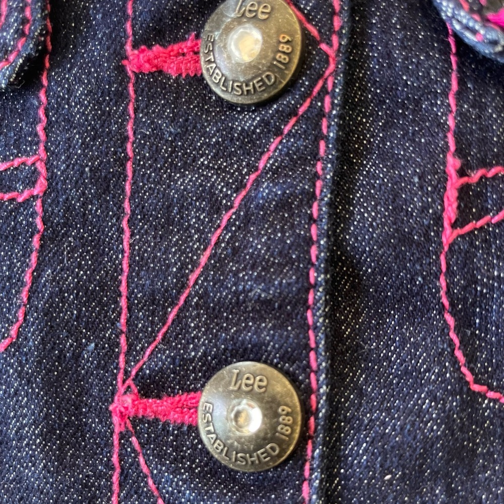 Vintage Y2K Lee Jeans Baby Girl Denim Vest, Rhinestone Buttons, Pink Stitching - Picture 5 of 12